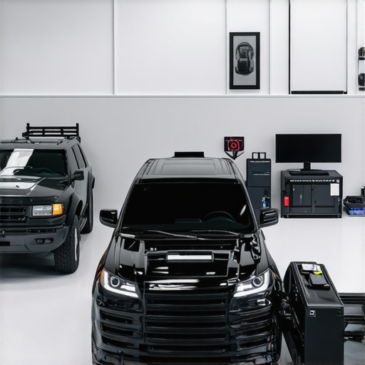 A high-tech auto repair shop with AI diagnostics and calibration stations