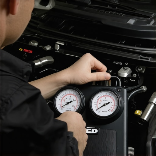 Mechanic using dual-gauge leak-down tester on a car engine