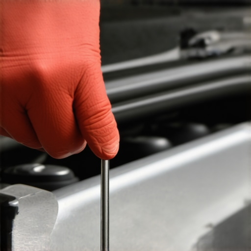 A mechanic using a screwdriver as a stethoscope to listen to fuel injectors on a plastic intake manifold.