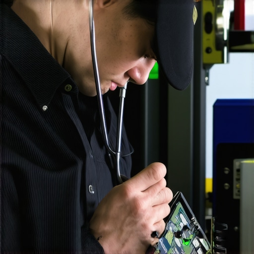 Technician using electronic sensors to pinpoint acceleration noises in a car engine.