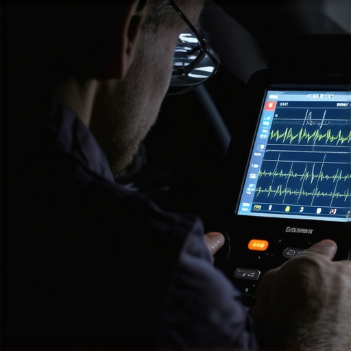Advanced Automotive Security Diagnostics A mechanic using a handheld scanner to troubleshoot car alarm trigger history.