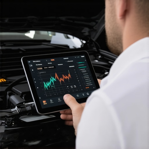 Advanced Battery Management System Diagnostics Mechanic registering a new battery using a digital scan tool in a modern vehicle engine bay