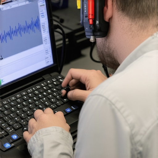 Technician using an oscilloscope for vehicle diagnostics on a shift interlock system.