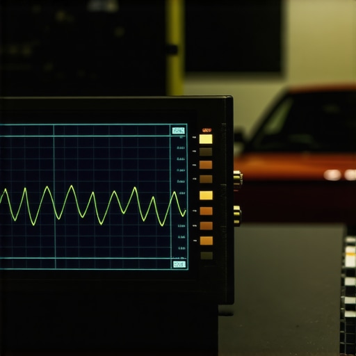 Close-up of an oscilloscope screen showing electronic data packets from a vehicle communication network.