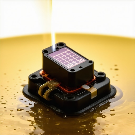 A technical illustration of a capacitive sensor measuring engine oil quality in real-time.