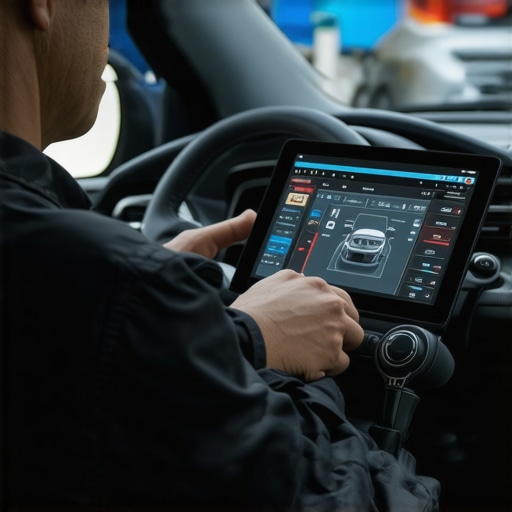 A mechanic performs digital diagnostics on a car's shift interlock system to identify electrical failures.