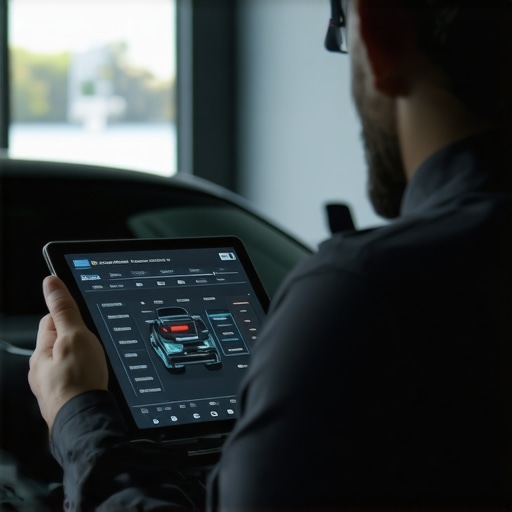 Advanced Digital Suspension Calibration Technician using a diagnostic tablet to calibrate electronic suspension systems.