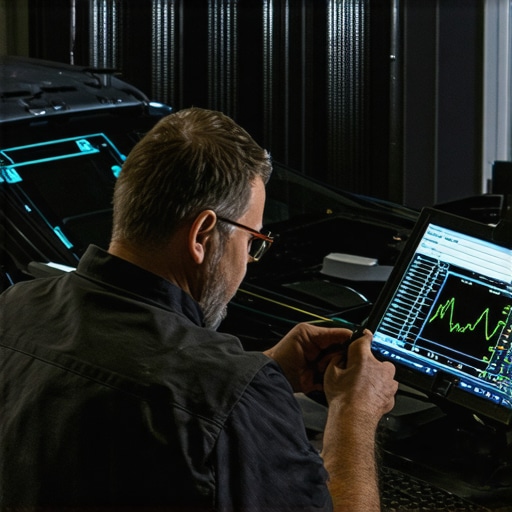Technician using an oscilloscope to trace electrical signals in a vehicle wiring harness