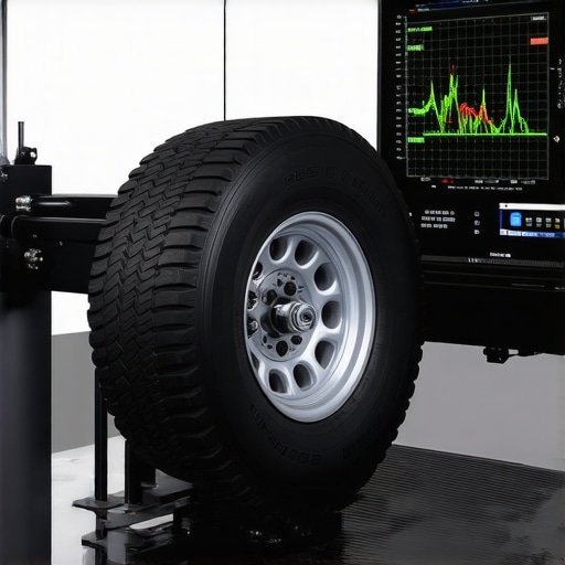 A professional road force balancer identifying internal tire belt variation.