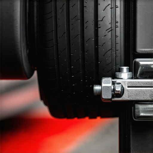 Advanced Suspension and Tire Diagnostic Inspection Close-up of a mechanic inspecting a vehicle strut and tire tread for wear and alignment issues.