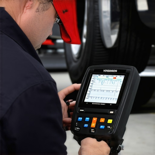 A mechanic analyzing high-speed vehicle vibrations using digital diagnostic tools