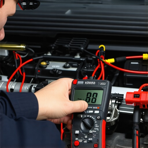 Advanced Voltage Drop Testing in Vehicle Diagnostics Technician performing a voltage drop test on vehicle battery cables using a digital multimeter.