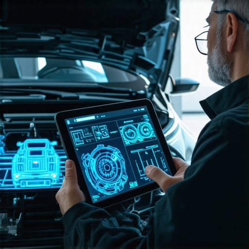 Technician analyzing engine volumetric efficiency on a diagnostic tablet