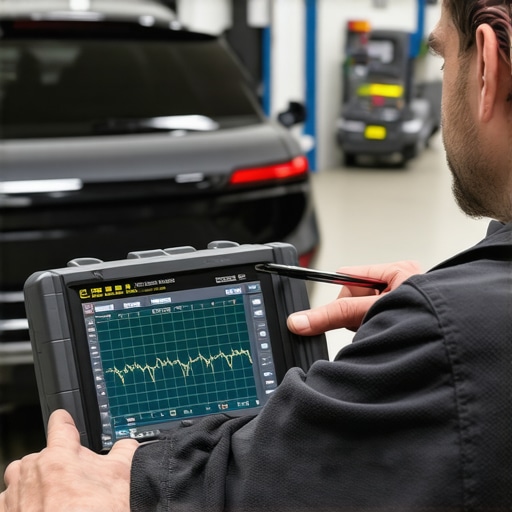 Technician using an oscilloscope for digital MAF sensor waveform analysis