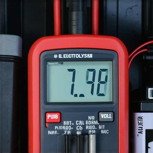 A professional technician uses a digital multimeter to measure stray voltage in an engine's radiator coolant to find clogs.