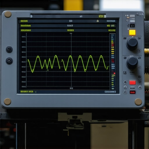 Close-up of an automotive oscilloscope showing complex ignition wave patterns for vehicle diagnostics.