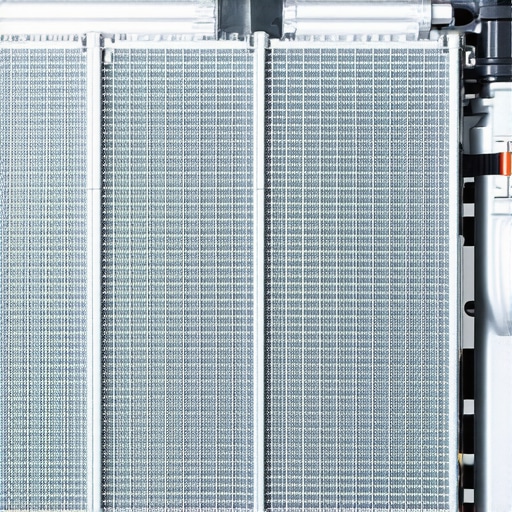Detailed view of an AC condenser mounted in front of a radiator with critical airflow shrouds.