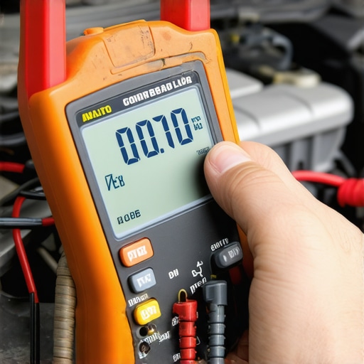 A technician uses a multimeter to measure electrical resistance in a car's engine ground circuit to diagnose a hunting idle.