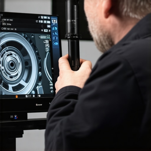 Mechanic using a borescope to check for engine detonation damage on a piston crown.
