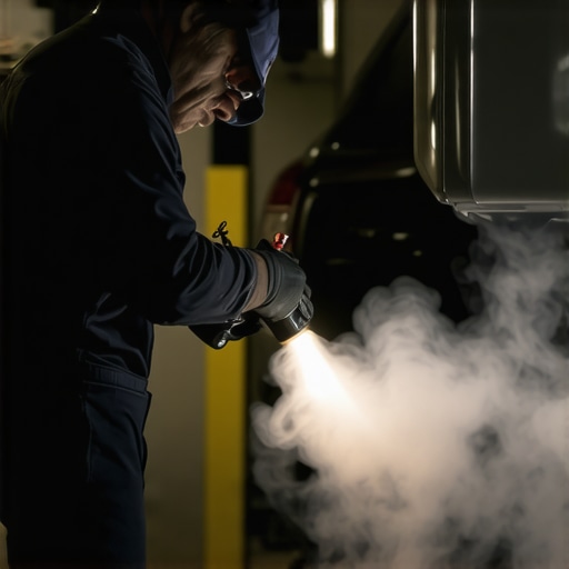 Technician checking for vacuum leaks in a brake booster using smoke diagnostics