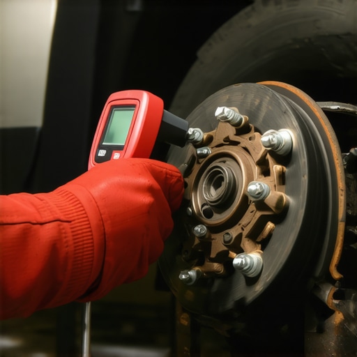 A mechanic uses a thermal laser to check for excessive heat on a car's braking system during a diagnostic check.