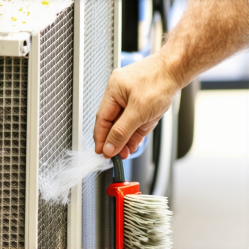 Mechanic cleaning a radiator and condenser to prevent car overheating during idling.
