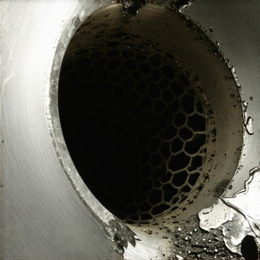 Close-up view of a melted and clogged catalytic converter internal core substrate