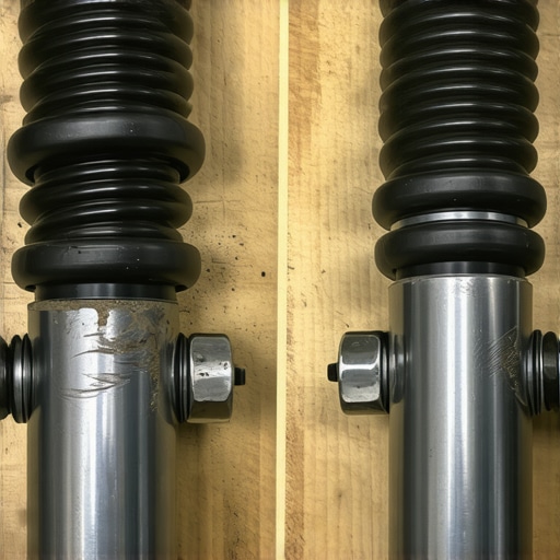 Comparison of New vs Worn Struts Professional comparison of a factory-new suspension strut next to a degraded unit showing signs of hydraulic failure.