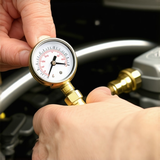 Connecting fuel pressure gauge to engine fuel rail Professional fuel pressure gauge connected to a car engine rail for diagnostic testing