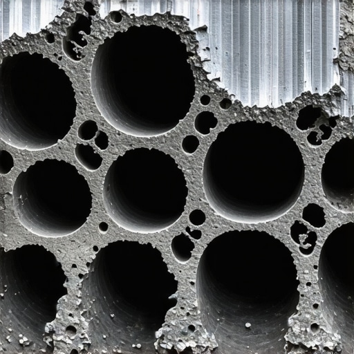 Contaminated Catalytic Converter Substrate Close-up A macro view of a ceramic honeycomb substrate inside a catalytic converter clogged with black carbon and chemical deposits.