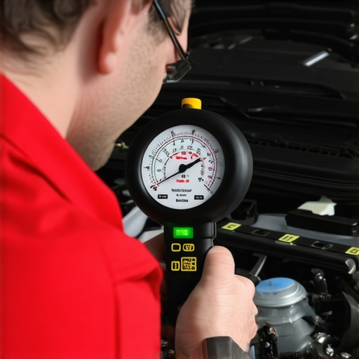 Cooling System Pressure Test Diagnostic A mechanic testing the radiator pressure cap using a specialized diagnostic gauge to ensure engine thermal stability.