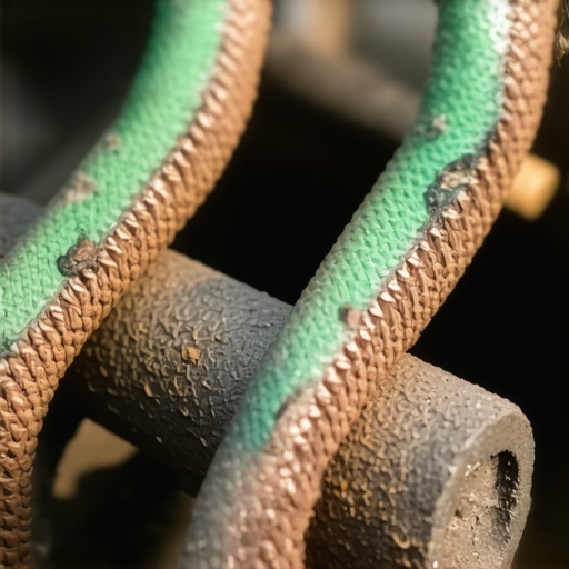 Corroded Automotive Ground Strap Close-up Detailed view of a frayed and oxidized copper ground strap on a car engine