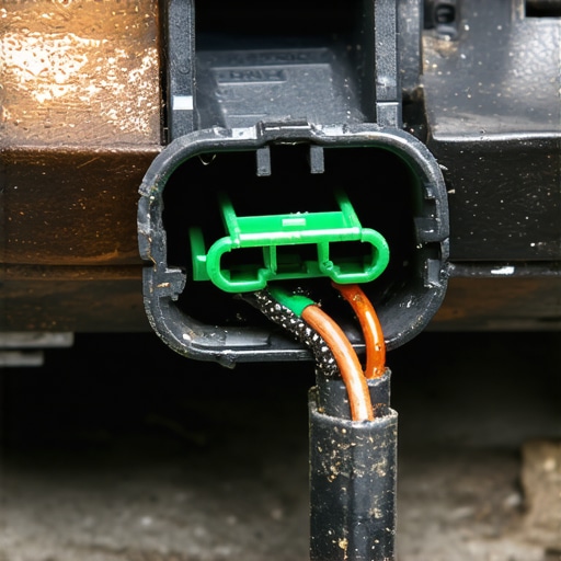 Macro view of a corroded electrical terminal on an automotive starter solenoid showing oxidation.