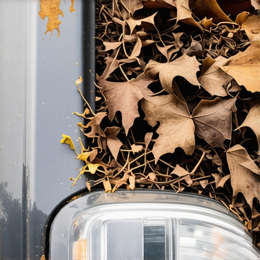 Decaying Debris in Vehicle Cowl Intake A car windshield cowl clogged with leaves and organic matter, a common cause of HVAC odors.