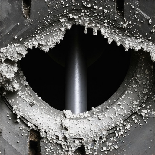 Close-up of a damaged rubber bellows on a vehicle steering rack showing internal exposure to road debris.