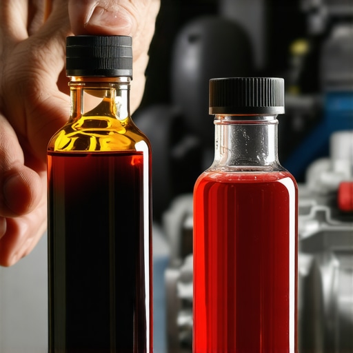 Comparison of old burnt transmission fluid and new red ATF showing the visual difference in quality.