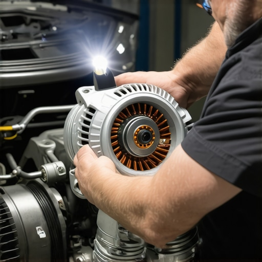 Detailed view of car alternator internal components Mechanic checking car alternator internals for moisture and debris