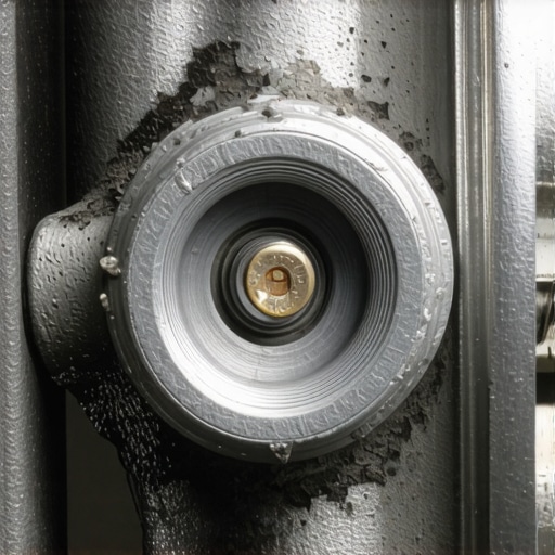 Detailed view of electrochemical corrosion between dissimilar metals in a hydraulic system Close-up of galvanic corrosion on automotive brake line fitting