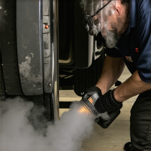 Technician performing a vacuum leak test on a car engine using a smoke generator near the brake booster.
