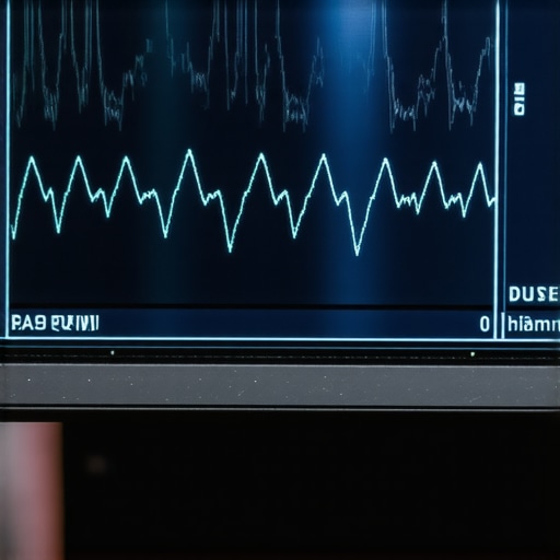 A digital oscilloscope showing irregular cooling fan signals during a vehicle diagnostic test.