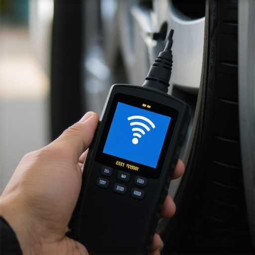Diagnosing TPMS Sensor Signal Strengths Mechanic testing a tire pressure sensor with a handheld diagnostic computer