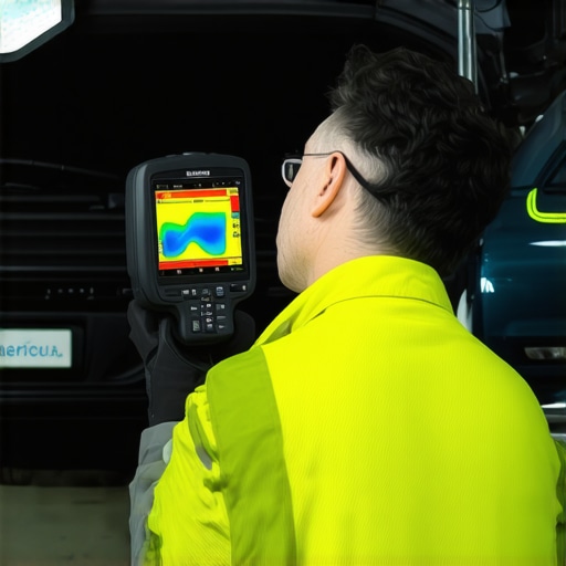 Mechanic using a thermal camera to find cold spots in a car heating system