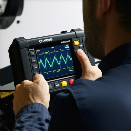 Diagnosing transmission electrical noise with an oscilloscope A mechanic using an oscilloscope to find electrical interference causing transmission shudder.