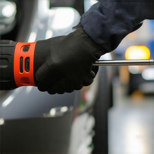 A technician using a screwdriver as a stethoscope to listen to fuel injector clicks in an engine bay
