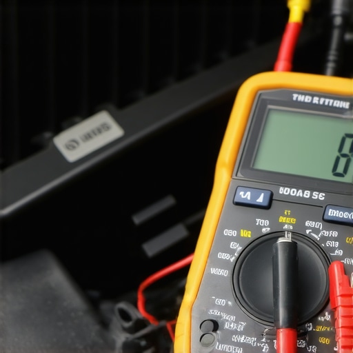 Digital multimeter testing car battery voltage during engine idle heat stress