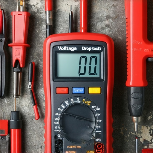 Close-up of a multimeter testing a car battery to diagnose starter motor issues and high resistance.