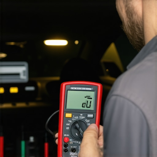 Electrical Diagnostic for Interior Lights Professional technician using a multimeter to test for parasitic drain in a car fuse box.
