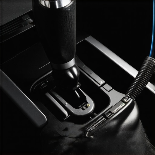 Internal view of a car gear shifter assembly showing the interlock solenoid and mechanical cables.
