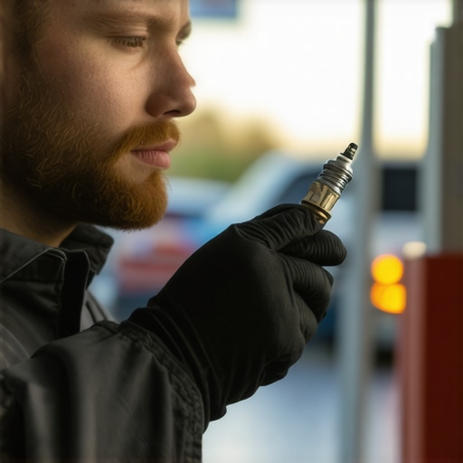 Forensic Spark Plug Analysis in Professional Auto Repair Technician inspecting a spark plug for combustion chamber health indicators.