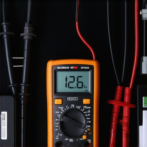 Technician using a digital multimeter to check car battery voltage and circuit integrity.